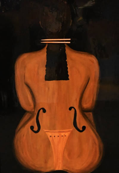 Painting of a woman's back with cello f-holes