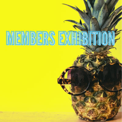 Pineapple wearing sunglasses on yellow background. Blue type reading Members Exhibition