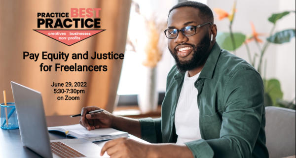 Smiling dark skinned man with beard and glasses taking notes by a computer - event title and time text