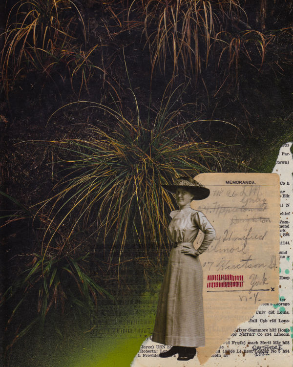 collaged, mixed media artwork with nature photo, vintage photo of a woman and paper ephemera