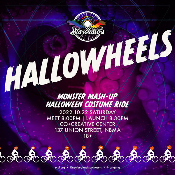 Hallowheels poster - abstract purple backgroune with event text