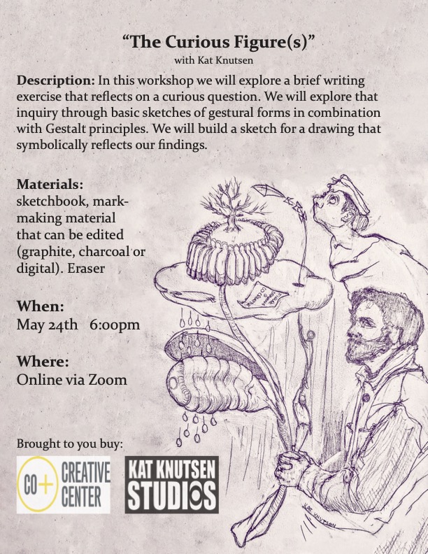 Event poster with text and drawing of two figures holding surreal flower-like things