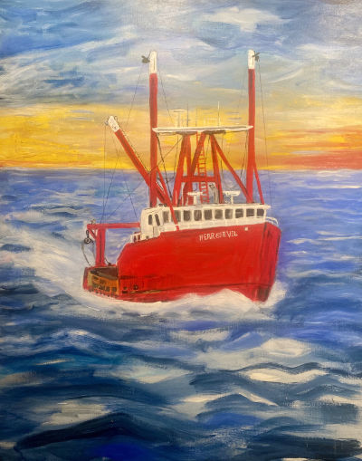 Painting of red fishing boat on vivid blue sea at sunset