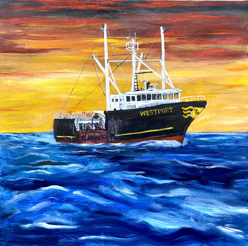 Painting of black fishing trawler on vivid blue sea at sunset