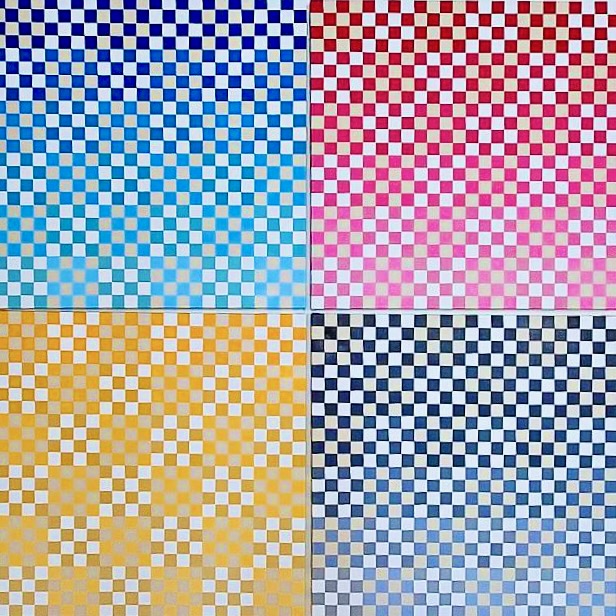 4 square artworks, each with a colorful grid pattern arranged in a grid